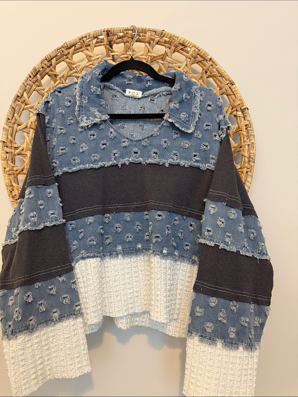 Pol Distressed Patchwork Pullover - Blue, Dark Gray, Cream
